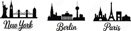 Black silhouette skylines of New York Berlin Paris featuring iconic landmarks Statue of Liberty Eiffel Tower Brandenburg Gate cultural architecture illustration