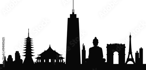 Global cultural landmarks silhouette vector illustration featuring iconic architecture, temples, towers, Buddha statue, Eiffel Tower, unity diversity concept