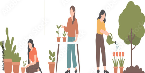 Flat design of women gardening, planting in pots and watering flowers for eco friendly nature concept
