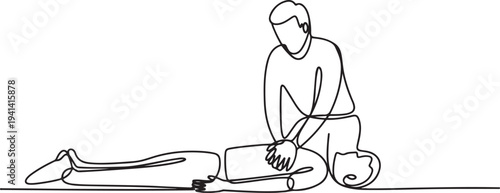 Continuous one line drawing of male rescue team Providing First Aid. Saving lives or emergency accident. Health, care, teamwork.one line Vector graphic illustration