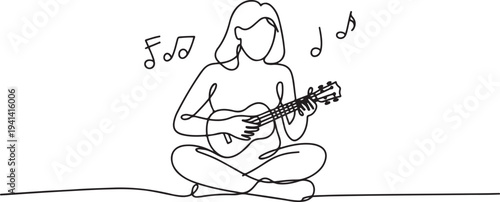A woman sits cross-legged and plays the ukulele. Musical creativity. An unusual hobby.one line Vector graphic illustration