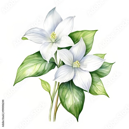 Delicate White Trillium Flower: Watercolor Illustration, Isolated Floral Design, Botanical Art, Spring Wildflower, Detailed Petals, Pure White