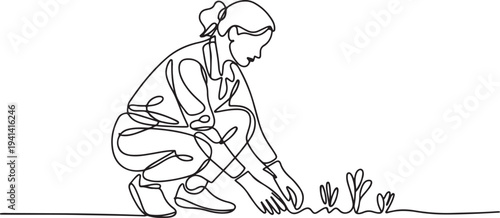 woman in work clothes and gardening gloves squatting to gardening.one line Vector graphic illustration.