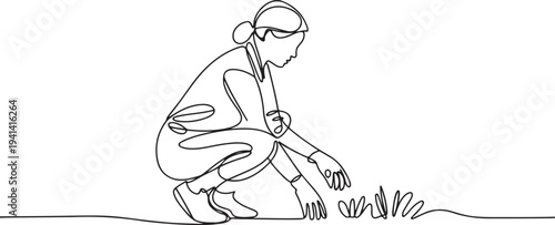 woman in work clothes and gardening gloves squatting to gardening.one line Vector graphic illustration.