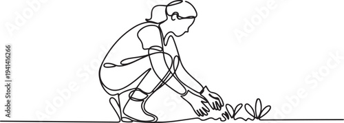 woman in work clothes and gardening gloves squatting to gardening.one line Vector graphic illustration.