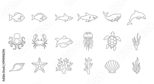 Marine life icons featuring various ocean creatures and sea elements