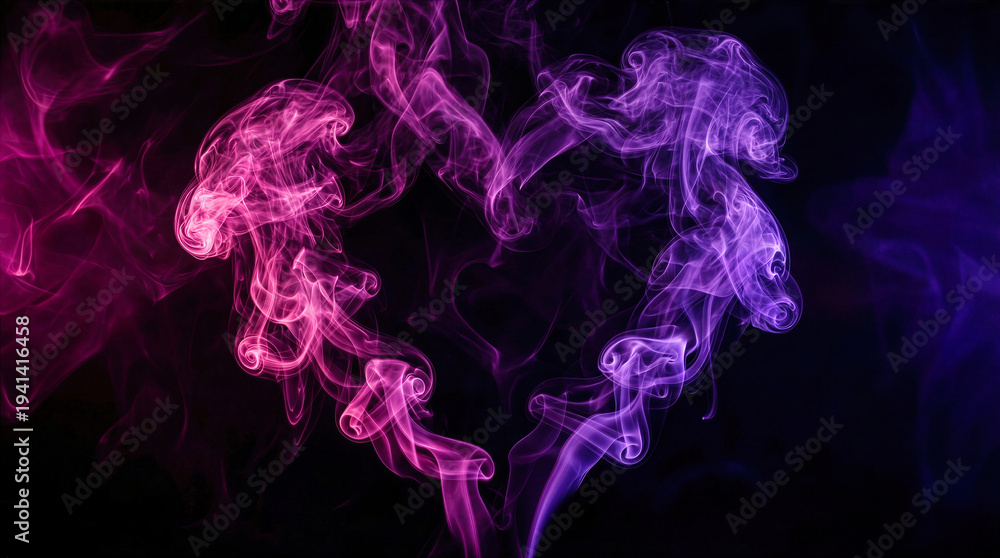 Obraz premium Abstract heart shaped smoke, pink and purple vapor swirl on black background. Romantic love concept, neon gradient energy, Valentine theme wallpaper, copy space for text.