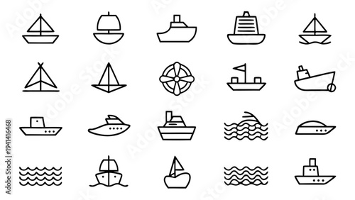 Thirty white linear icons depicting maritime equipment and sea transportation vessels organized in a neat array over a dark black field.