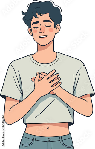persona uomo o donna con mano sul cuore emozione preoccupazione sentimento illustrazione vettoriale 