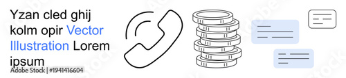 Finance, communication, money exchange, payment methods, remote banking, business operations. Stack of coins, phone icon document symbols. Finance and communication concept