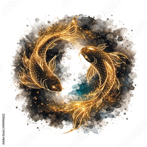 Two golden koi fish swimming in a circle on a dark watercolor splash background. Elegant gold line art vector illustration with glowing lights, sparkles, and mystical atmosphere.