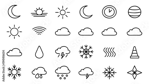 Thirty white linear icons depicting various atmospheric phenomena and weather patterns organized in a grid on a solid black background.