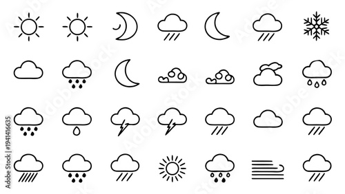 A grid of thirty white outline icons illustrating different weather conditions and meteorological symbols on a solid black background.