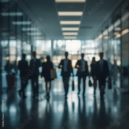 Business people walking down a modern office hallway