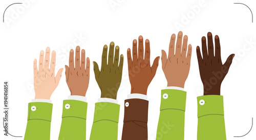 Diverse hands raised in different skin tones and green sleeves Keywords: hands, raised