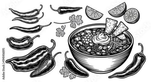 Chili Bowl with Tortilla Chips, Peppers, Limes, and Cilantro - Hand-Drawn Illustration
