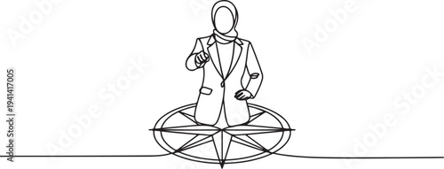 Drawing of muslim businesswoman standing on compass showing direction.one line Vector graphic illustration