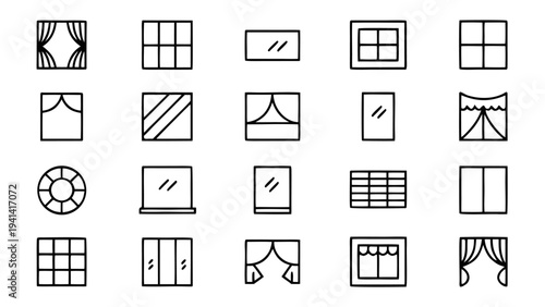 A set of twenty window and curtain icons featuring different frame styles and drapery arrangements is displayed on a solid black background.