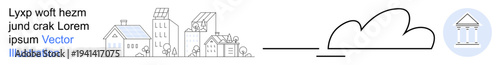 Eco-friendly construction, technology, digital connectivity, smart cities, cloud services, future concepts. Minimalist design sustainable buildings, a cloud and a government icon. Eco-friendly