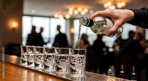 Bartender pours a clear liquid from a bottle into six shot glasses on a bar. People in background