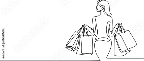 Continuous Line Drawing of Woman Shopping with Bags Vector.one line Vector graphic illustration