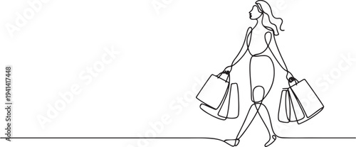 Continuous Line Drawing of Woman Shopping with Bags Vector.one line Vector graphic illustration