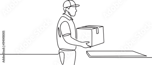 Minimalist one line drawing of delivery person holding cardboard package at counter in side profile view