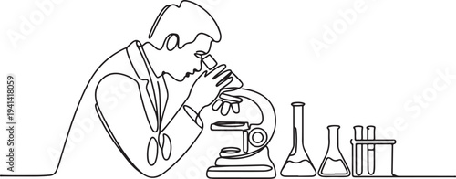 Continuous one line drawing of a scientist using a microscope in a laboratory, minimal outline vector illustration of medical research scene.one line Vector graphic illustration