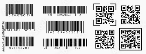 Label EAN set with linear barcodes and scan marks. Product identification stickers for packaging. Black stripes on white background. Vector icons for pricing and digital data.