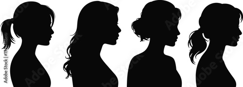 Set of female profile silhouettes with different hairstyles, woman head side view collection, beauty fashion avatar icons black vector illustration isolated background