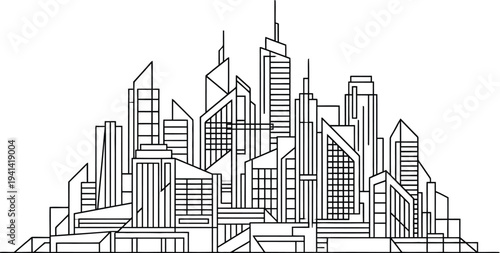 City skyline with tall buildings and skyscrapers in a line drawing style