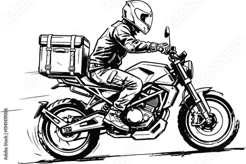 Motorcyclist riding motorcycle with storage box on back through city