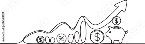 Continuous one-line drawing financial increase. Financial literacy concept.one line Vector graphic illustration