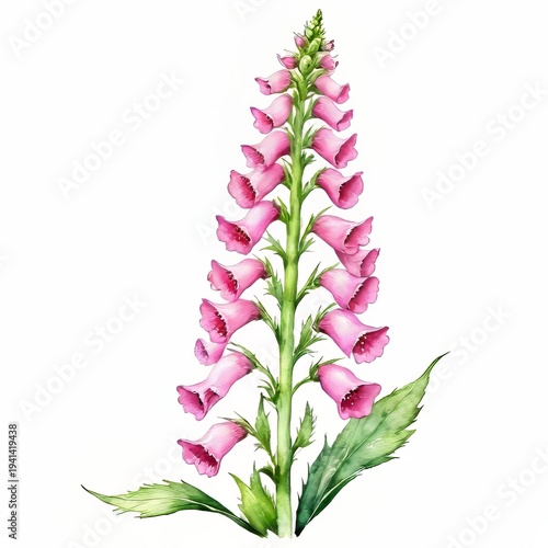 Watercolor Foxglove Illustration: Tall Pink Wildflower Botanical Clipart on White, Ideal for Spring Projects, Nature Designs & Floral Invitations