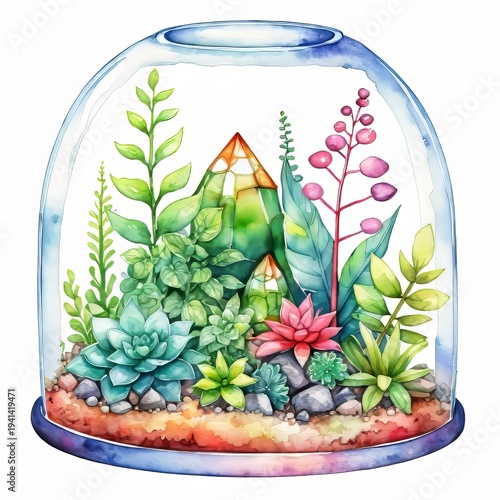 Watercolor Glass Terrarium with Lush Plants: Botanical Illustration, Isolated on White, Cheerful Color Palette, Home Decor Design Element