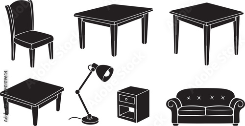 Furniture icons set including chair, tables, lamp and sofa
