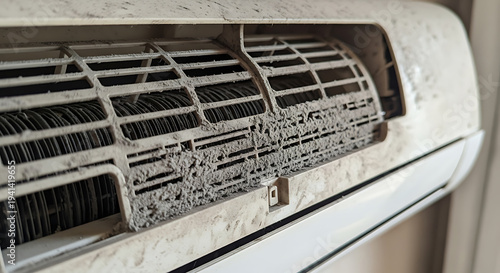 Clogged and dusty air conditioner filter. Close-up of dirty AC unit needing maintenance and cleaning for better air quality.