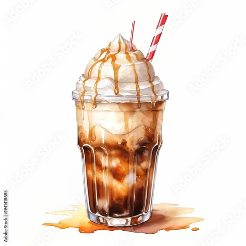 Watercolor Root Beer Float Illustration: Refreshing Summer Treat with Straw, Colorful Clipart Isolated on White, Sweet Beverage Design