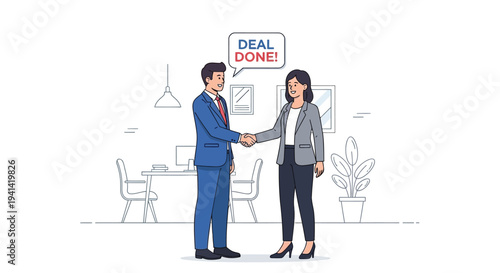 Vector illustration of business people shaking hands with 'DEAL DONE!' speech bubble