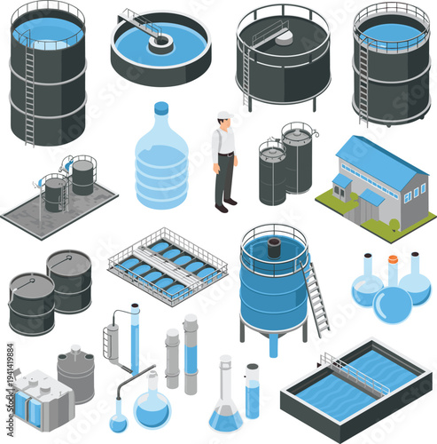 Water treatment plant equipment vector illustration set with filtration tanks, industrial containers, purification system and wastewater processing facility elements