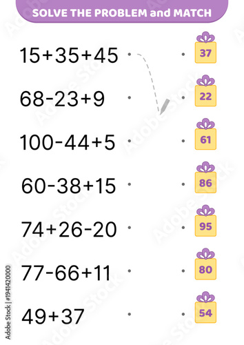 Solve the problem and match. Gifts, presents. Addition and subtraction. Educational preschool game for kids. Cartoon, isolated vector illustration eps 10