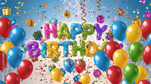 Playful 3D Colorful Bubbly Happy Birthday Text with Rainbow Confetti and Floating Balloons Animation