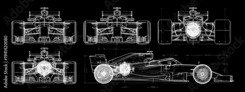 Formula 1 racing car technical blueprint vector illustration on black background