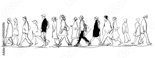 Silhouette crowd walking in line minimalist black and white vector illustration