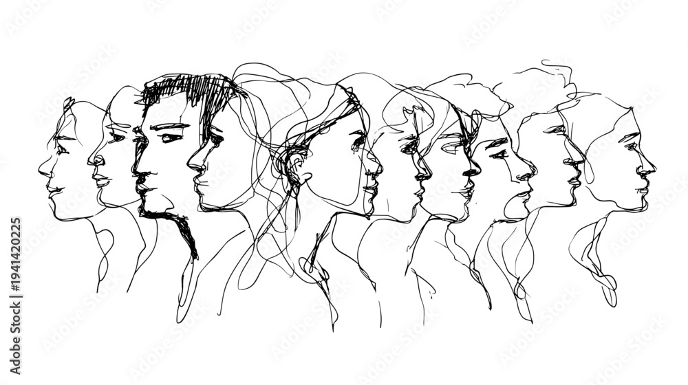 Obraz premium Group of diverse people connected by lines mental unity vector illustration sketch