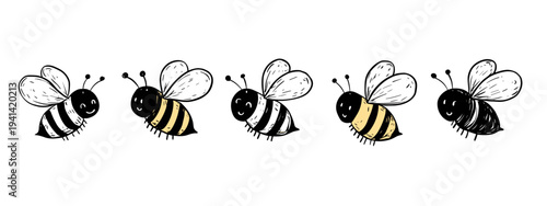 Cute cartoon bees flying vector illustration set isolated on white background doodle style