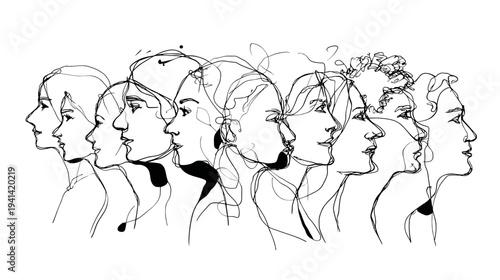 Group of diverse people connected by lines mental unity vector illustration sketch