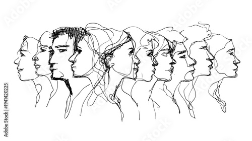 Group of diverse people connected by lines mental unity vector illustration sketch
