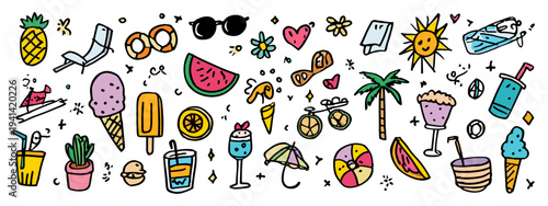 Colorful summer fruits and vacation doodle icons set on white background hand drawn style