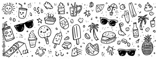 Colorful summer fruits and vacation doodle icons set on white background hand drawn style